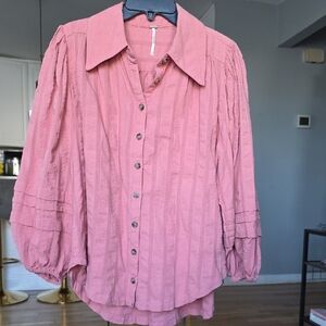 Free People Rose Pink Textured Button-Down Blouse